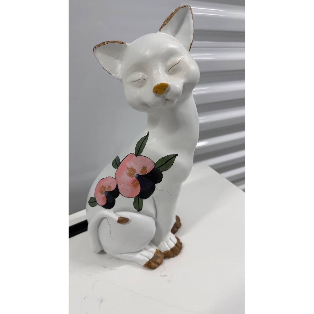 Vintage Style Hand Painted Floral Ceramic Cat Figurine White Gold Trim 14"
